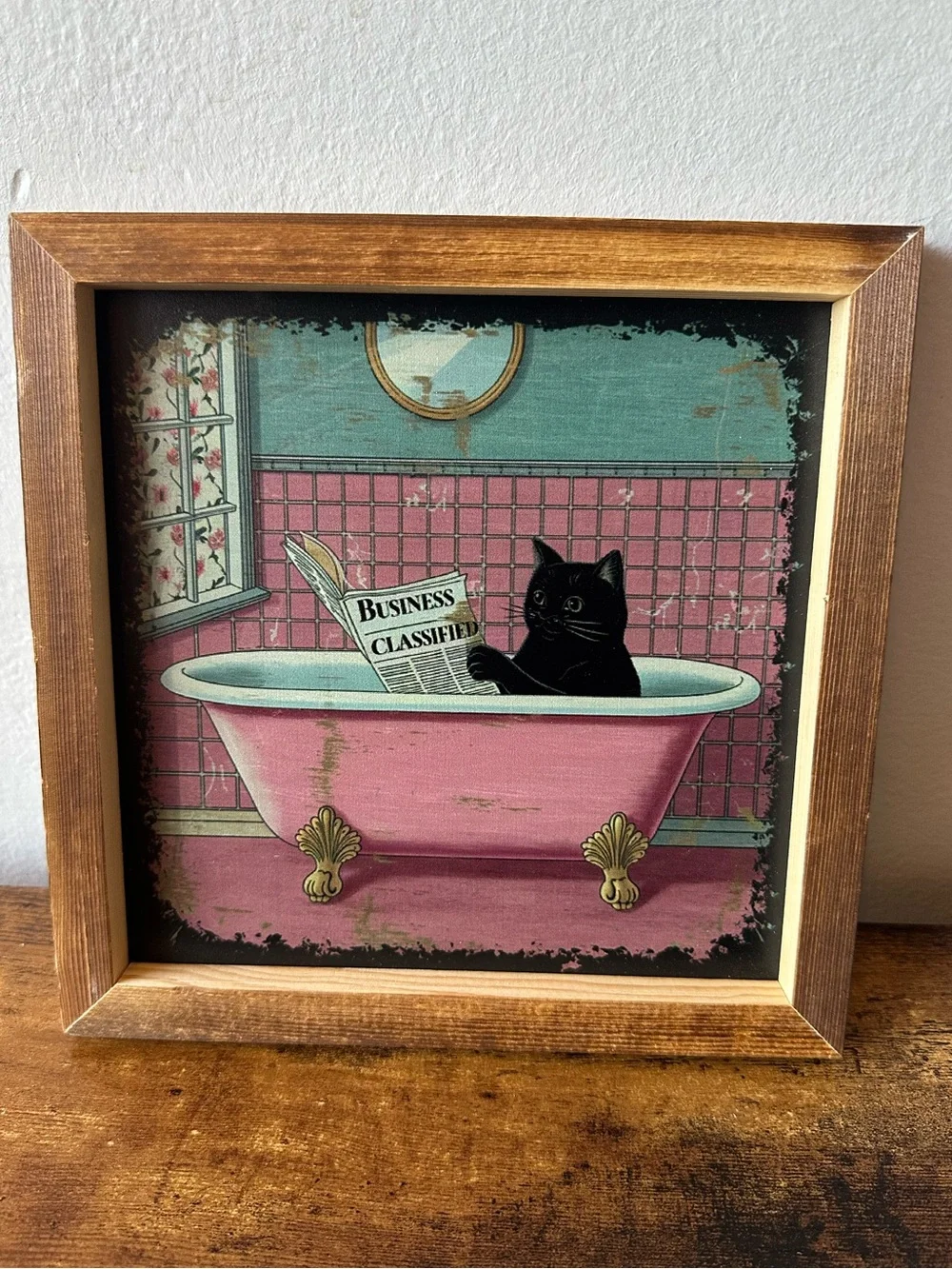 Framed Wooden Vintage-Style Cat in Pink Clawfoot Tub Art Wall Home Decor NWT